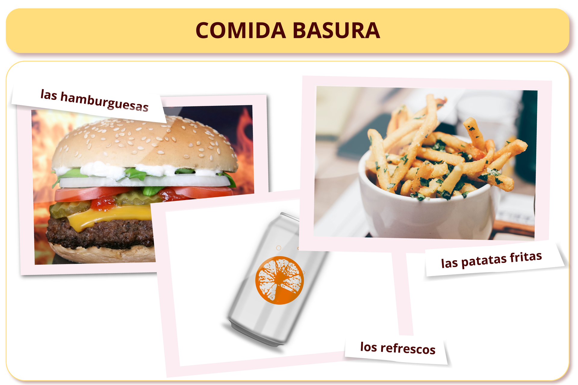 Nagłówek grafiki: Comida basura. Poniżej zdjęcia z podpisami. Hamburger - las hamburguesas. Frytki - las patatas fritas. Napój w puszce - los refrescos.
