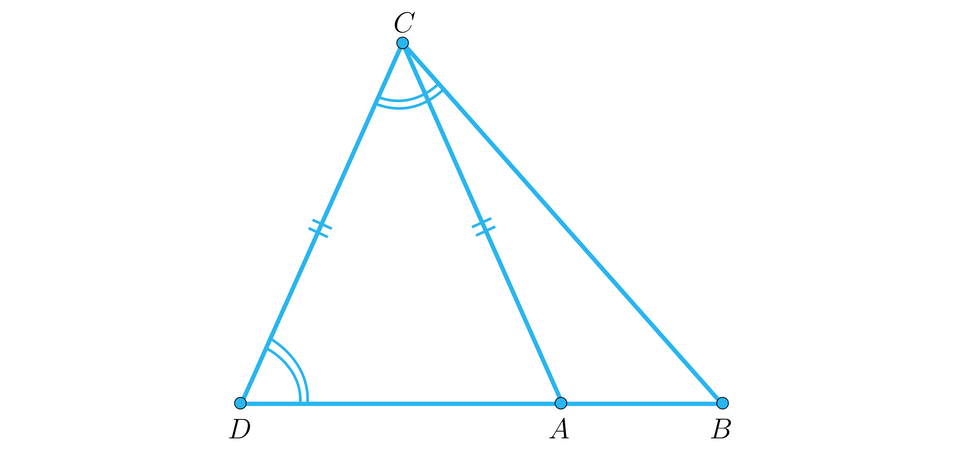 Rysunek przedstawia trójkąt B C D, gdzie B jest prawym dolnym wierzchołkiem, C górnym środkowym, a D lewym dolnym wierzchołkiem trójkąta.  Z wierzchołka C poprowadzono do podstawy odcinek C A taki, że jest on równy co do długości bokowi C D. W ten sposób utworzono drugi trójkąt. Na rysunku zaznaczono także dwa równa kąty wewnętrze dużego trójkąta. Są to kąty B D C oraz D C B.