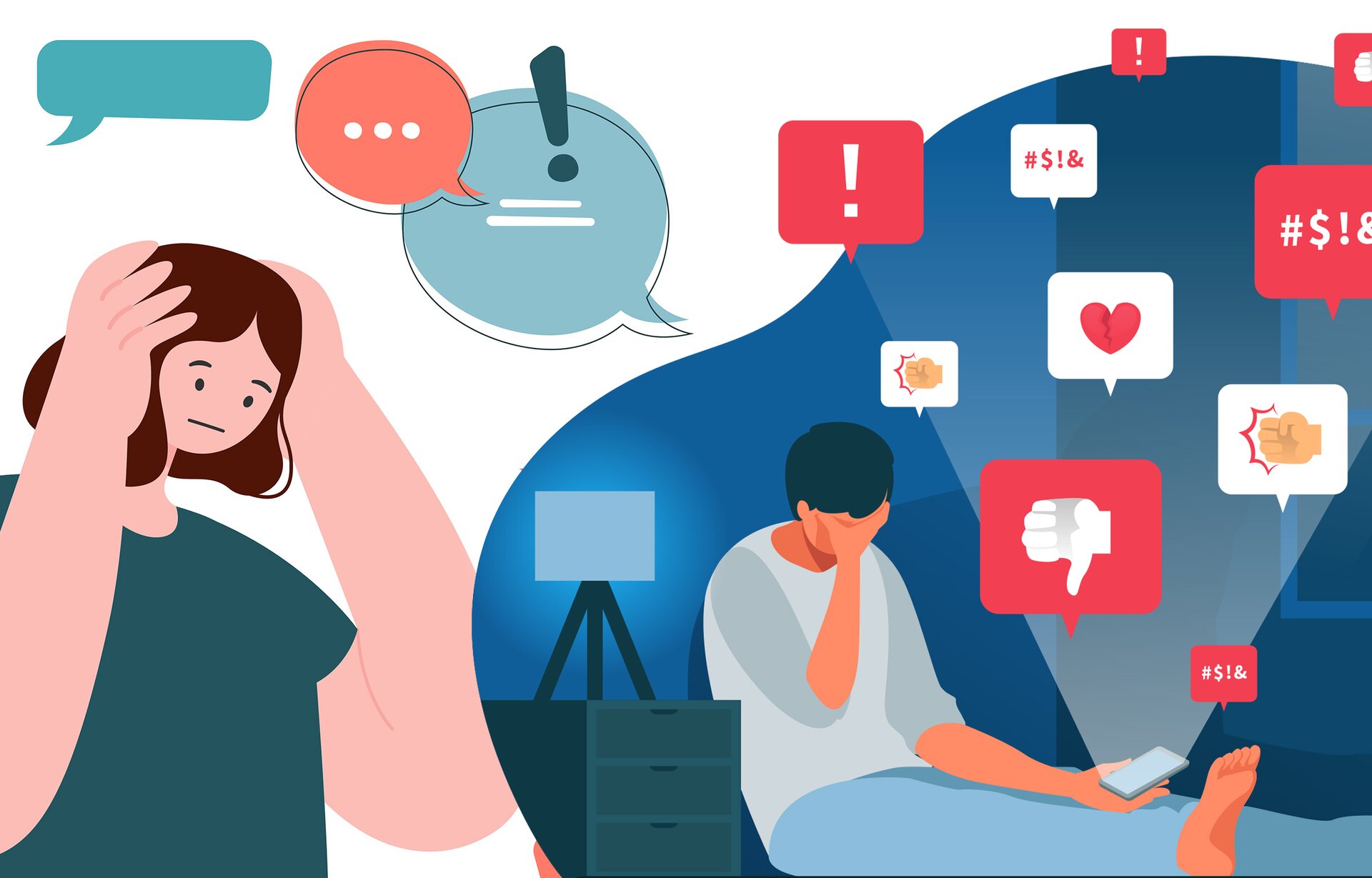 Ilustracja przedstawia dwie postacie. Pierwsza z lewej ma karykaturalnie duże ręce, którymi obejmuję głowę. Nad nią widoczne puste trzy chmurki myślowe. Postać z prawej siedzi na podłodze z pochyloną głową opartą na ręce. w lewej dłoni trzyma telefon. Nad nią widoczne emotikony serca, wykrzyknika, kciuka opuszczonego na dół, dłoni złożonej w pięść oraz hasztagu i dolara. Pod zdjęciem transkrypcja[odtwórz] 