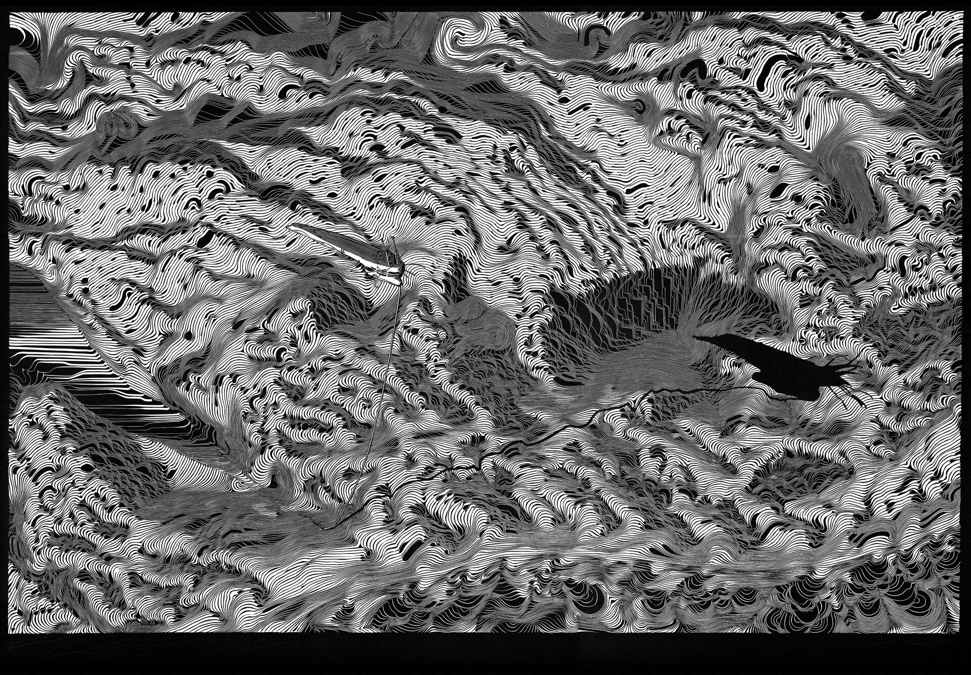 Ilustracja przedstawia linoryt Jakuba Jaszewskiego „Stacja Solaris”. Ukazuje abstrakcję o skomplikowanych układach czarnych, białych i szarych, falujących w różnych kierunkach linii. Na ilustracji po lewej stronie znajduje się czarna plama o nieregularnym kształcie.