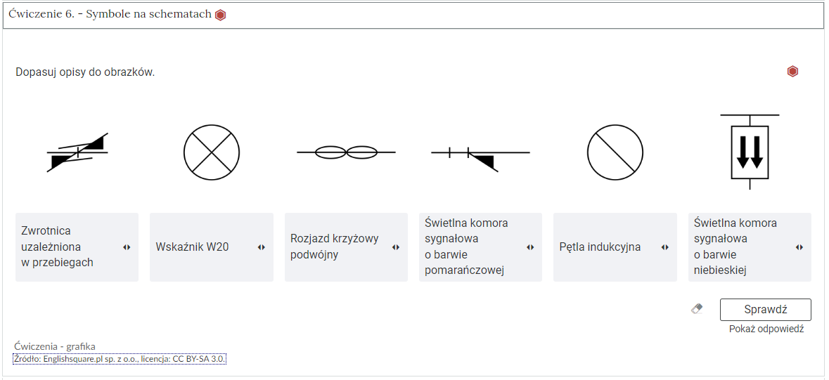 Zrzut ekranu przedstawia przykładowy wygląd zadania. Na zdjęciu widoczna jest rozwinięta zakładka z ćwiczeniem szóstym dotyczącym symboli na schematach. Zadanie to polega na przyporządkowaniu nazwy do symbolu.