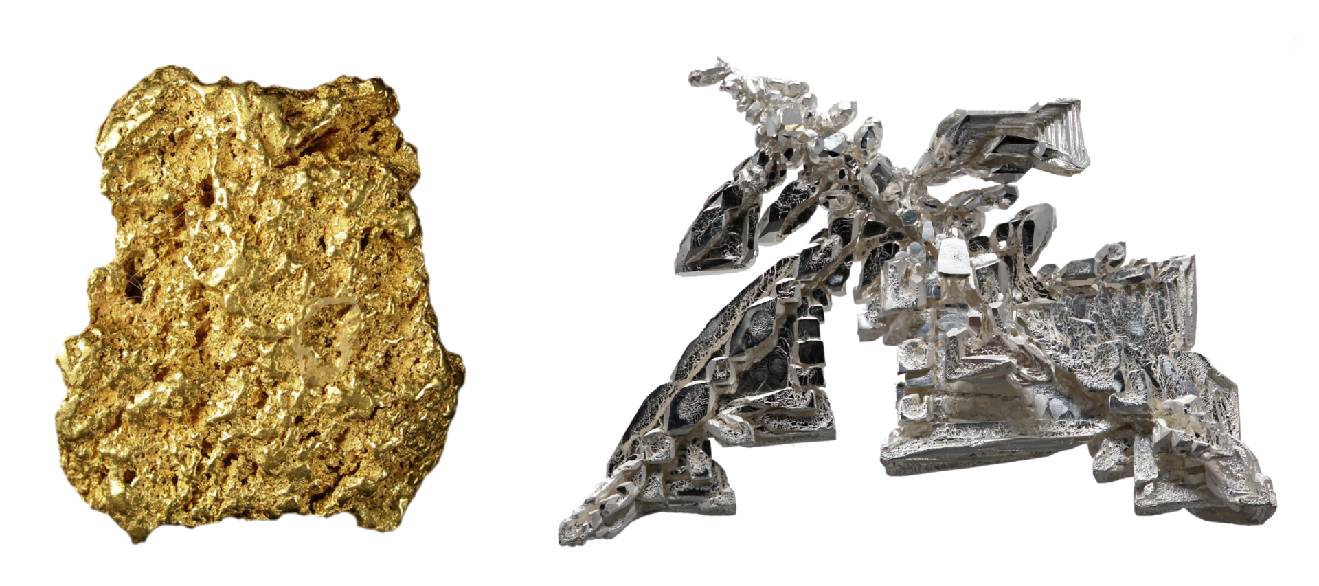Zdjęcie przedstawia kryształ złota oraz srebra. Złoto ma postać grudki o jasnożółtym kolorze. Srebro ma postać kryształu o srebrzysto-białym kolorze.