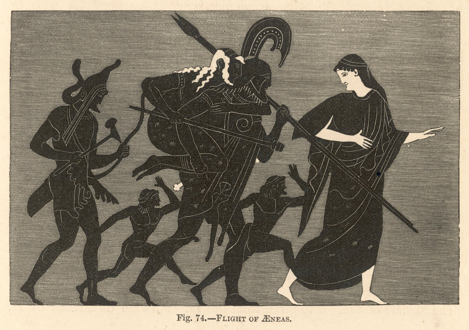 Obraz przedstawia Eneasza wraz z pięcioma innymi osobami, które zmierzają w jednym kierunku. Eneasz jest na środku dzieła, ma na sobie zbroje i hełm oraz jest uzbrojony. Niesie na swoich plecach postać. Za nim widać trzech mężczyzn, dwóch z nich jest wyraźnie mniejszych. Przed nim jest kobieta, obrócona w jego stronę. Ubrana jest w czarne szaty, jej skóra jest jasna. Stroje i skóra mężczyzn są czarne. Cały obraz utrzymany jest w ciemnych barwach, tło jest ciemnoszare. 