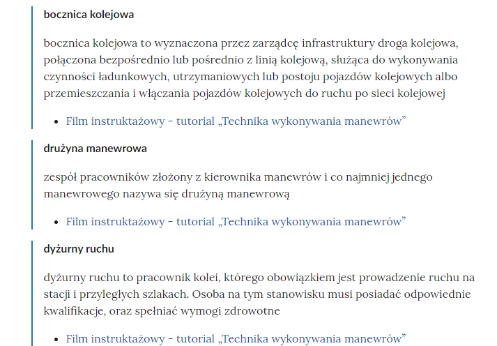 Zrzut ekranu przedstawia kilka pojęć ze Słownika. Konstrukcja jest następująca: pojęcie, poniżej jego wyjaśnienie, a pod nim znajduje się link, po którego kliknięciu użytkownik przenosi się do rozdziału w tym materiale, w którym dane pojęcie jest wykorzystywane. Linków może być jeden lub kilka, w zależności od tego, w ilu rozdziałach użyto pojęcia.