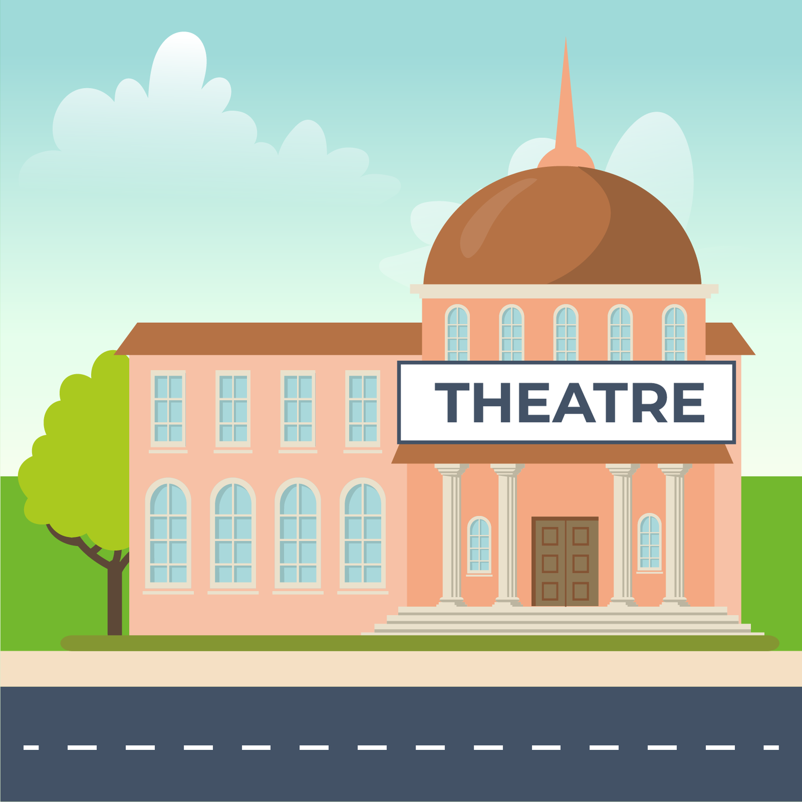 Ilustracja przedstawia budynek teatru. Główną częścią teatru jest wieża zakończona kopułą i wysokim szpicem. Okna teatru, zakończone są łukiem. Wejście teatru zdobią cztery filary. Przy wejściu widoczne są schody z czterema stopniami. Za teatrem widać drzewo. Przed teatrem, znajduje się droga. Na teatrze znajduje się napis Theatre.