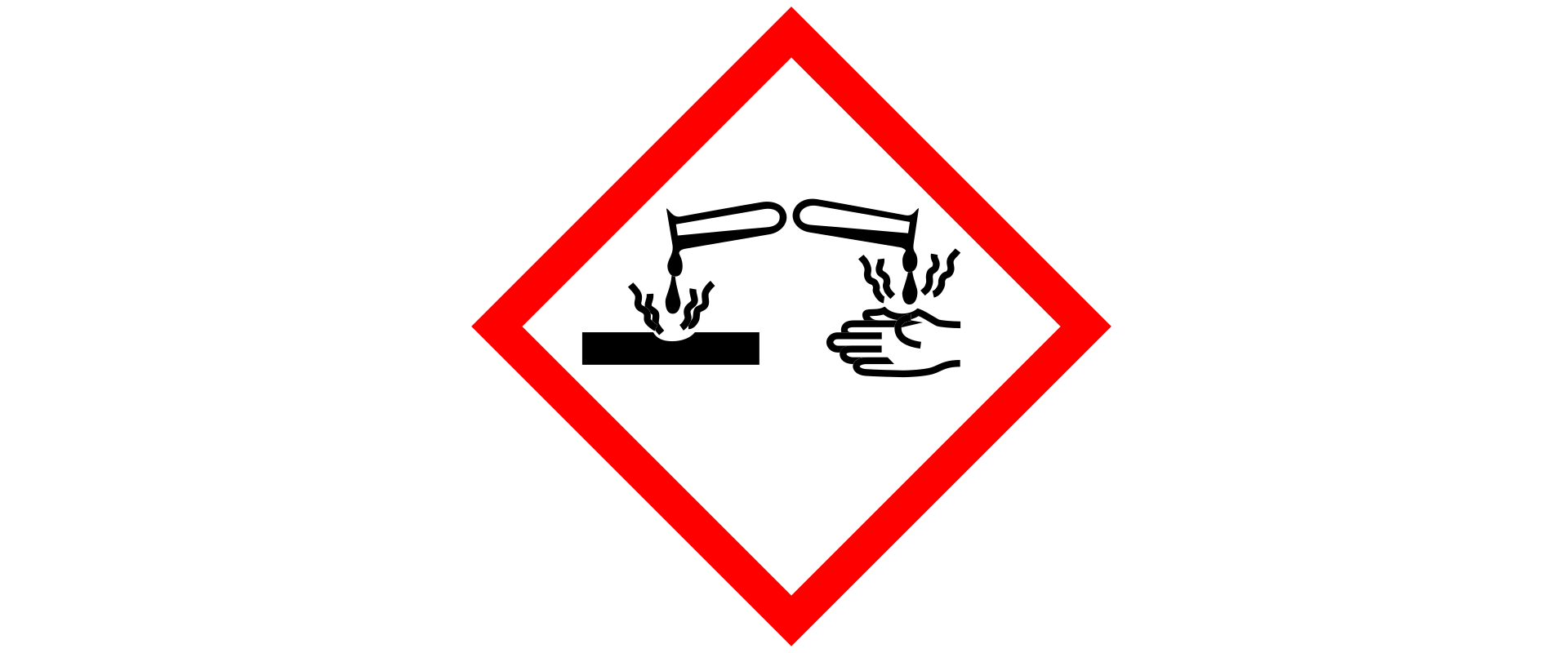 Na ilustracji przedstawiono piktogram ostrzegawczy umieszczany na opakowaniu kwasu fosforowego pięć. Ma kształt rombu z grubą czerwoną ramką. Znajdują się na nim dwie ustawione poziomo probówki, odwrócone do siebie dnami, z których kroplami wylewa się żrąca ciecz. Krople spadają po lewej stronie na kawałek metalu, symbolizowany przez czarny prostokąt, a po prawej stronie na dłoń. W obydwu obiektach tworzą się ubytki.