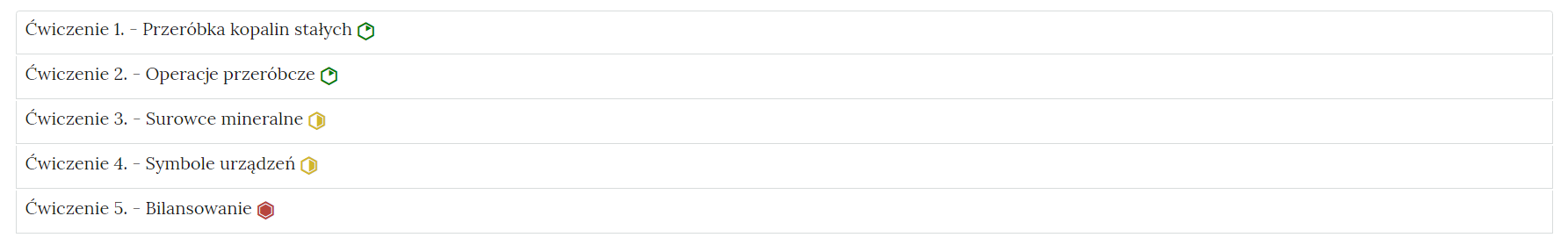 Zdjęcie przedstawia przykładowy wygląd zakładek zawierających interaktywne materiały sprawdzające. Składają się one z prostokątnych paneli umieszczonych jeden pod drugim. Każdy panel posiada numer oraz tytuł, który nawiązuje do zawartego w nim zadania oraz oznaczenie poziomu trudności.