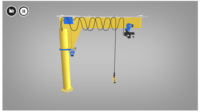 Ilustracja trzy D przedstawia żurawia pod różnymi kątami. Widoczne są główne elementy konstrukcji, czyli słup, wysięgnik, ramię, wciągnik. Na ramieniu przewieszono kabel spuszczony między słupem a wciągnikiem. Na końcu kabla znajduje się pilot do sterowania. W lewym górnym rogu znajdują się dwa przyciski. Jeden służy do uruchomienia animacji, w której obiekt trzy D pokazywany jest w różnych ujęć. Drugi to przycisk uruchom, wstrzymaj.