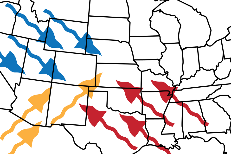 Mapa Ameryki Północnej przedstawia napływ powietrza. Ciepłe powietrze napływa znad południowego wschodu w głąb lądu. Zimne powietrze napływa znad północnego zachodu w głąb lądu. Suche i gorące powietrza napływa znad Meksyku, z południowego zachodu w głąb lądu.