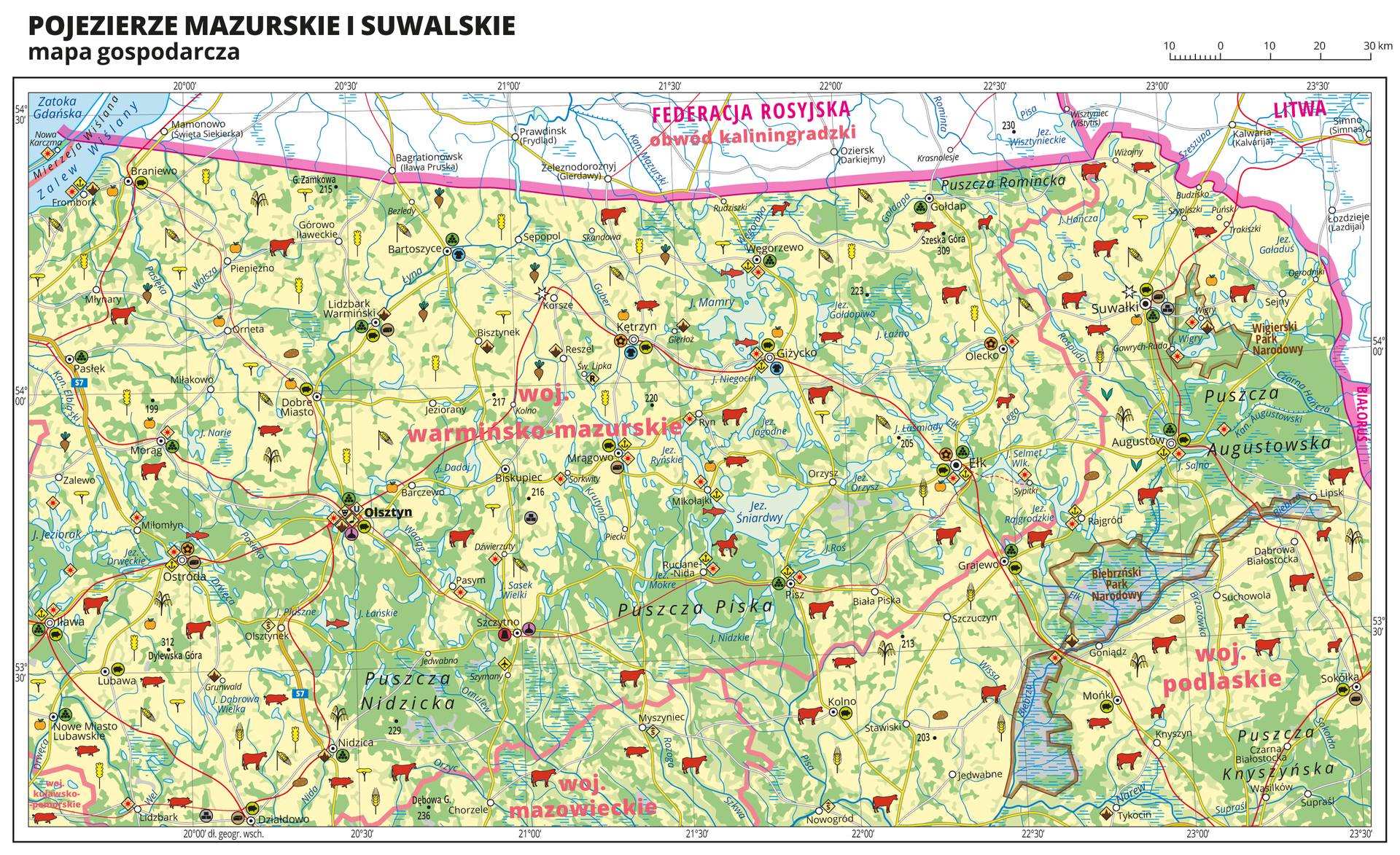 Ilustracja przedstawia mapę gospodarczą Pojezierza Mazurskiego i Suwalskiego. Tło mapy w kolorze żółtym (grunty orne), jasnozielonym (łąki i pastwiska) i zielonym (lasy). Liczne jeziora i tereny podmokłe. Na mapie sygnatury obrazujące uprawy poszczególnych roślin, hodowlę zwierząt, przemysł, górnictwo i energetykę, komunikację, turystykę, naukę, kulturę i sztukę. Na północy fragment Zatoki Gdańskiej i Zalewu Wiślanego, Federacja Rosyjska (obwód kaliningradzki), Litwa. Mapa obejmuje tereny od Fromborku na zachodzie po wschodnią granicę Polski, na południu sięgając Działdowa. Największe zagęszczenie sygnatur w Olsztynie, duże zagęszczenie sygnatur w Giżycku, Suwałkach i Ełku. Na mapie przedstawiono sieć dróg i kolei, porty wodne, granice województw, granicę państwa. Opisano województwa warmińsko-mazurskie, podlaskie i mazowieckie, Federację Rosyjską i obwód kaliningradzki, Litwę, Białoruś. Opisano kompleksy leśne, na przykład Puszczę Augustowską. Mapa zawiera południki i równoleżniki, dookoła mapy w białej ramce opisano współrzędne geograficzne co trzydzieści minut.