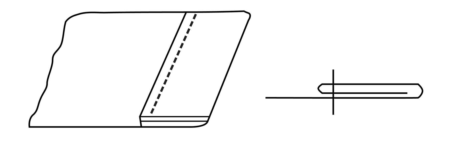 Grafika przedstawia dwa schematy ilustrujące szew obrębiający. Po lewej stronie widoczny rzut z góry na materiał zebrany z prawej strony w kilka warstw i przeszyty szwem złożonym z równych, niestykających się ze sobą odcinków. Po prawej stronie rzut z boku. Widoczna linia pionowa przecinająca linię zawiniętą w kształt spinacza.