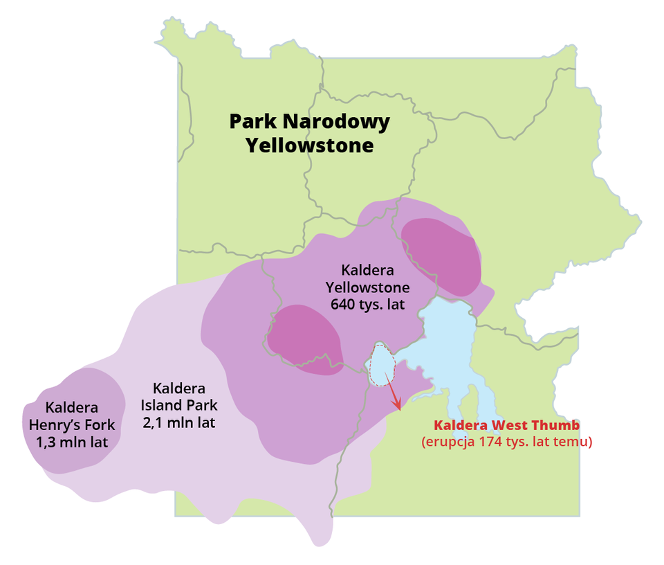 Mapa przedstawia kaldery, które powstały w czasie erupcji. Na środku parku narodowego znajduje się największa Kaldera Yellowstone licząca 640 tysiące lat. W jej zagłębieniu w południowej części znajduje się Kaldera West Thumb. Erupcja nastąpiła 174 tysiące lat temu. Na południowy zachód od Kaldery   Yellowstone powstała mniejsza od niej Kaldera Island Park 2,1 miliona lat temu. Na zachód od niej znajduje się jeszcze mniejsza kaldera Henry's Fork sprzed 1,3 miliona lat.