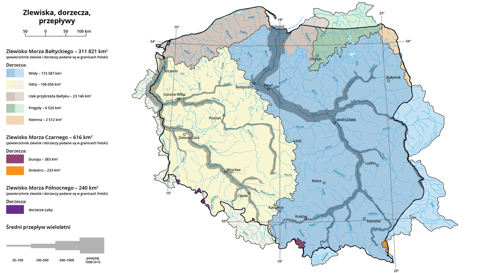 Mapę podzielono na zlewiska Morza Bałtyckiego - 311 821 kilometrów kwadratowych, dorzecza Wisły - 172 587 kilometrów kwadratowych, Odry - 106 056 kilometrów kwadratowych, Niemna - 2512 kilometrów kwadratowych, rzek przybrzeża Bałtyku 23 146 kilometrów kwadratowych, Pregoły 6520 kilometrów kwadratowych. Dorzecze Wisły zajmuje wschodnią połowę Polski, na zachodzie obejmuje Gdańsk, Toruń, Łódź, Katowice. Dorzecze Odry obejmuje obszar przylegający do dorzecza Wisły, tym samym zachodnią połowę kraju. Dorzecze Niemna obejmuje wschodnią część województwa podlaskiego. Dorzecze Pregoły północne obszary województwa warmińsko‑mazurskiego, Dorzecze rzek przybrzeża Bałtyku północne obszary województw zachodniopomorskiego i pomorskiego. Zaznaczono także zlewisko Morza Czarnego 616 kilometrów kwadratowych. Dorzecza Dunaju 383 kilometry kwadratowe i Dniestru 233 kilometry kwadratowe. Dorzecze Dniestru - na mapie Polski zaznaczono niewielki obszar na południu województwa podkarpackiego. Dorzecze Dunaju: na mapie zaznaczono niewielki obszar na południu województwa małopolskiego. Zlewisko Morza Północnego 240 kilometrów kwadratowych (powierzchnie zlewisk i dorzeczy podane są w granicach Polski).Do dorzecza Łaby należą niewielkie fragmenty terytorium Polski, położone w Sudetach Zachodnich i Środkowych. Na mapie zaznaczono średni przepływ wieloletni. Przepływ powyżej 1000 metrów sześciennych na sekundę: ujście Wisły. Duży przepływ od 500 do 1000 metrów sześciennych na sekundę to odcinek Wisły od Warszawy do Gdańska. Na Odrze przepływ od 500 do 1000 metrów sześciennych na sekundę występuje na odcinku od Gorzowa Wielkopolskiego do ujścia Odry powyżej Szczecina. Na pozostałych odcinkach Wisły i Odry oraz innych rzek przepływy są mniejsze.         