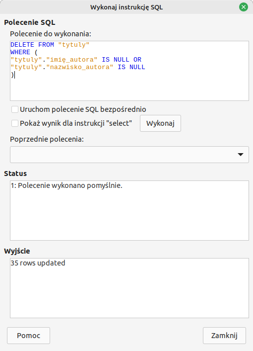 Ilustracja przedstawia zrzut ekranu wykonania instrukcji SQL. Na grafice widoczne są ekrany poleceń do wykonania, poprzednie polecenia, status oraz wyjście. 