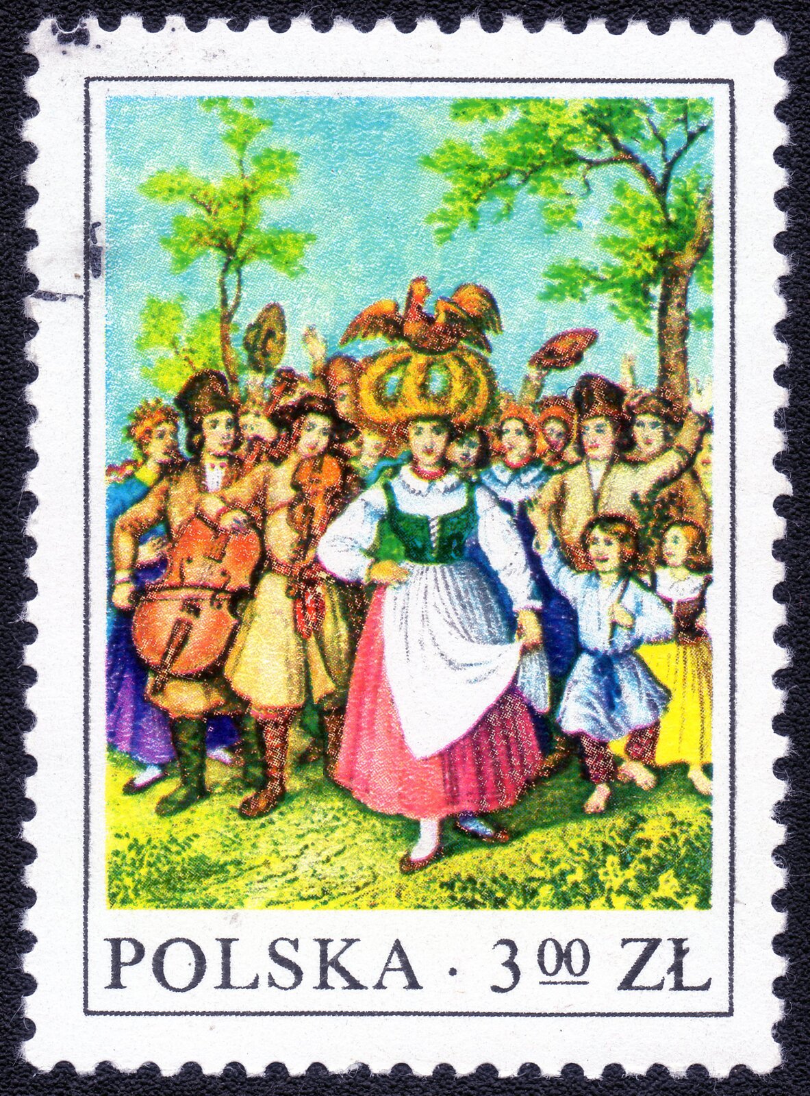 Ilustracja przedstawia znaczek pocztowy. Na znaczku ukazana jest grupa ludzi ubranych w ludowe stroje. Osoby po prawej stronie tańczą na kwiecistej łące do muzyki, przygrywanej przez mężczyzn z lewej. Głównymi instrumentami są skrzypce i wiolonczela. Niektórzy w tańcu podnoszą kapelusze. W tle rosną drzewa o młodych, zielonych liściach.