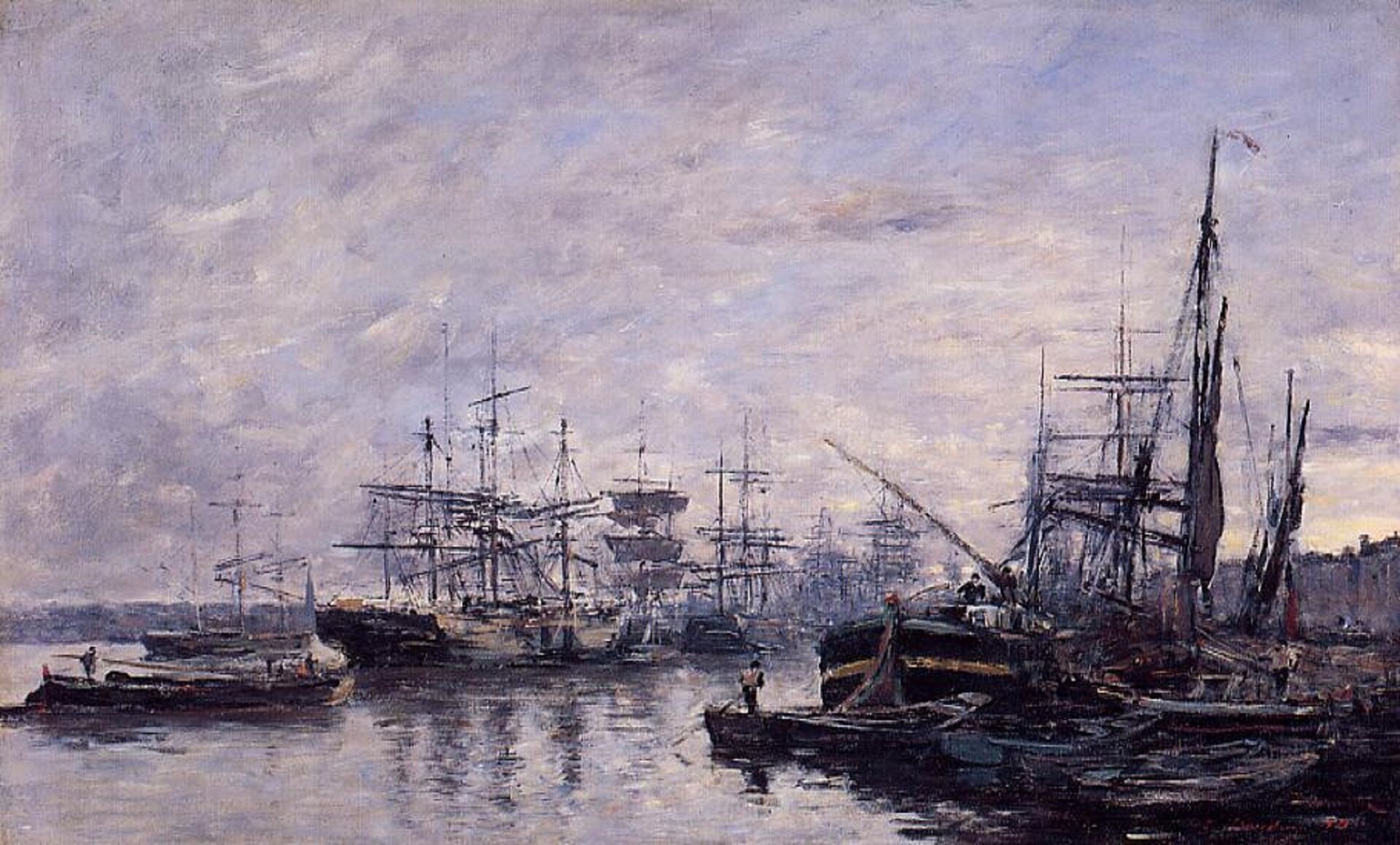 Ilustracja przedstawia obraz olejny „Port w Bordeaux” [czytaj: bordo]”, autorstwa Eugène Boudin. Marynistyczna kompozycja ukazuje port pełen zacumowanych żaglowców oraz łódek, nad którymi górują wysokie, szpiczaste maszty. Sylwetki statków odbijają się na drobno pofalowanej powierzchni wody. Gdzieniegdzie, na łodziach ukazane zostały małe sylwetki ludzi. Nad pejzażem góruje niebiesko‑szare niebo zasnute rozmytymi kłębami chmur. Obraz namalowany został luźnymi pociągnięciami pędzla. Malarz nie skupiał się na detalu. Za pomocą swobodnie nakładanego koloru starał się oddać nastrój pejzażu. Kompozycja utrzymana została w chłodnej, wąskiej gamie błękitów, czerni i szarości rozświetlanych jedynie biało‑żółtymi przetarciami chmur. 