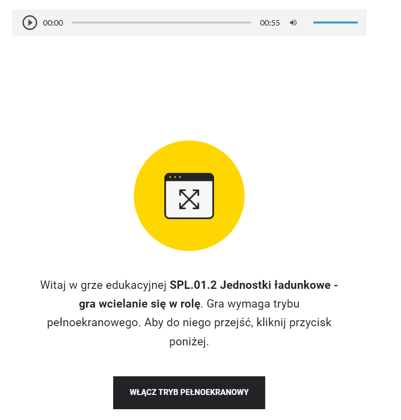Grafika przedstawia ekran startowy gry i instrukcję do gry. Nad ekranem startowym gry znajduje się nagranie. Poniżej wyświetla się ekran z powitaniem oraz tytułem gry - S P L zero jeden dwa jednostki ładunkowe- gra wcielanie się w rolę. Niżej jest przycisk umożliwiający włączenie trybu pełnoekranowego.