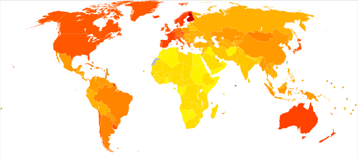 Mapa przedstawia graficzną prezentację liczby osób ze zdiagnozowaną chorobą Alzheimera i innymi rodzajami demencji na 100 tys. obywateli. Kolor czerwony występuje na mapie na terenie Europy północnej, ciemnopomarańczowy w Europie i Ameryce Północnej oraz w Australii, pomarańczowy w Ameryce Środkowej i Południowej, jasnopomarańczowy w Azji, a żółty na Półwyspie Arabskim i w Afryce. 