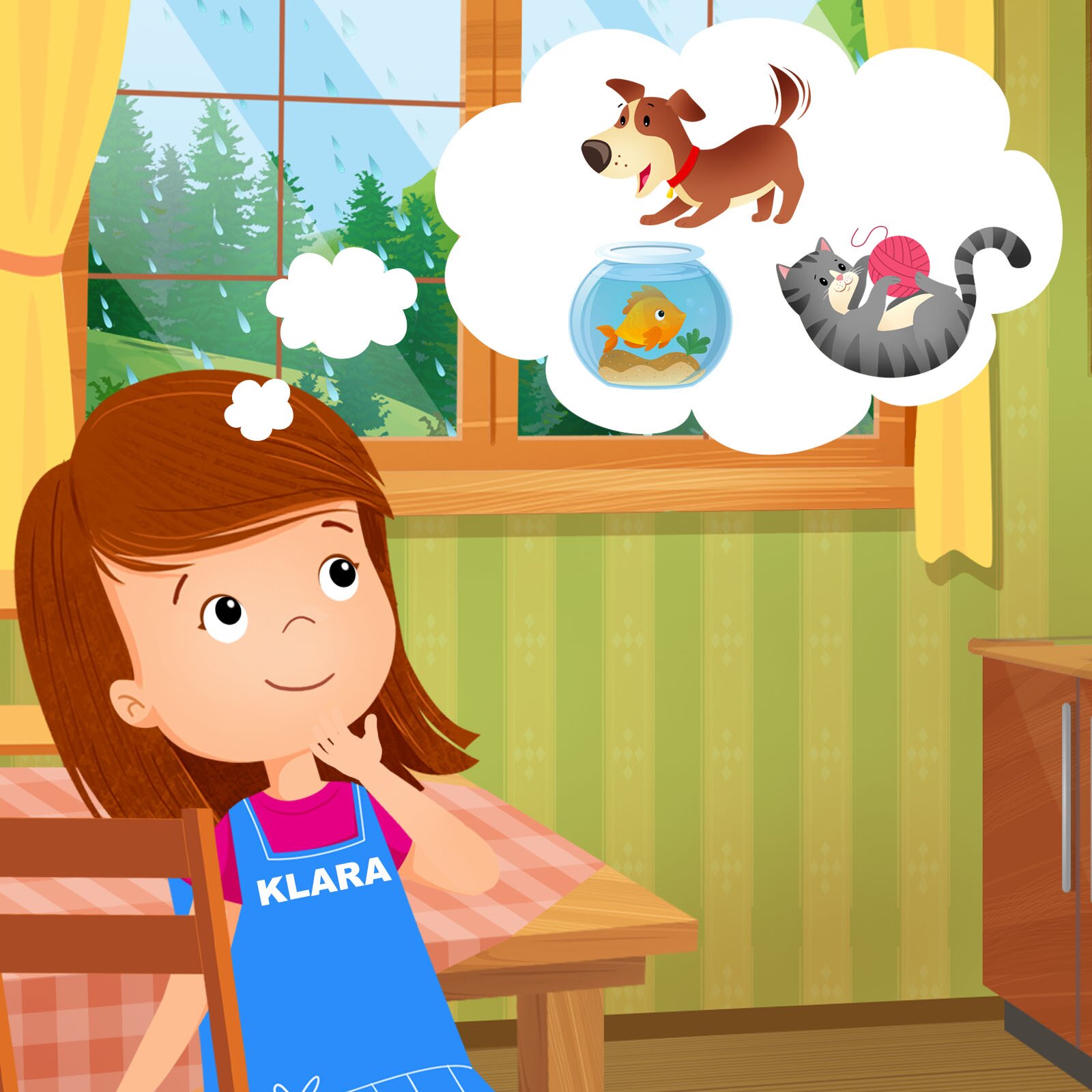 Ilustracja przedstawia dziewczynkę stojącą w domu, która ma na sobie niebieską sukienkę z napisem: Klara .  Przez okno widać padający deszcz. Nad głową dziewczynki widnieje chmura myśli, w której znajdują się pies, złota rybka i kot.