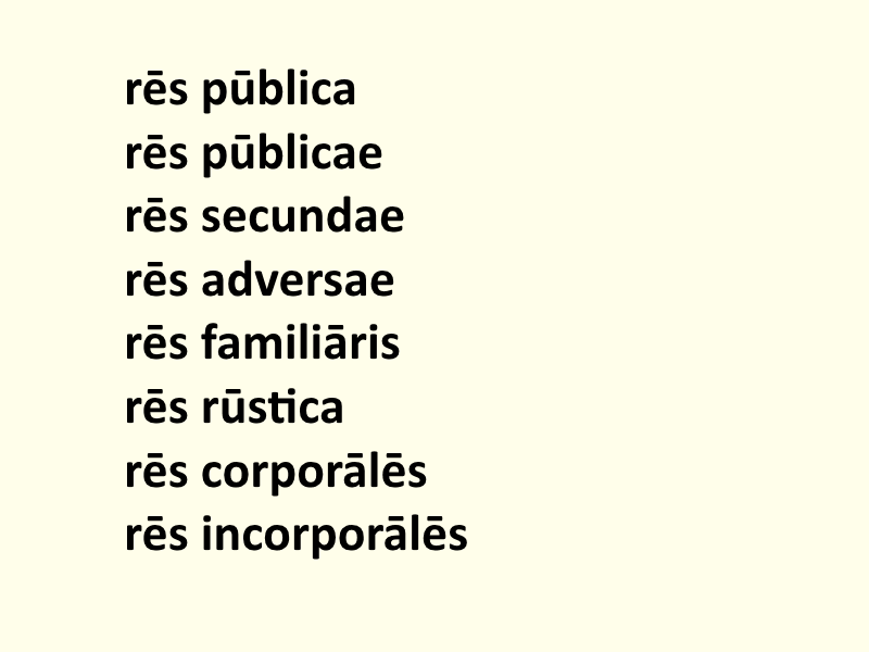 Jasne, kremowe tło. Po lewej stronie, jedna pod drugą, osiem linii czarnego tekstu (wszystkie w języku łacińskim) z kreskami nad samogłoskami: „rēs pūblica”, „rēs pūblicae”, „rēs secundae”, „rēs adversae”, „rēs familiāris”, „rēs rūstica”, „rēs corporālēs”, „rēs incorporālēs”.