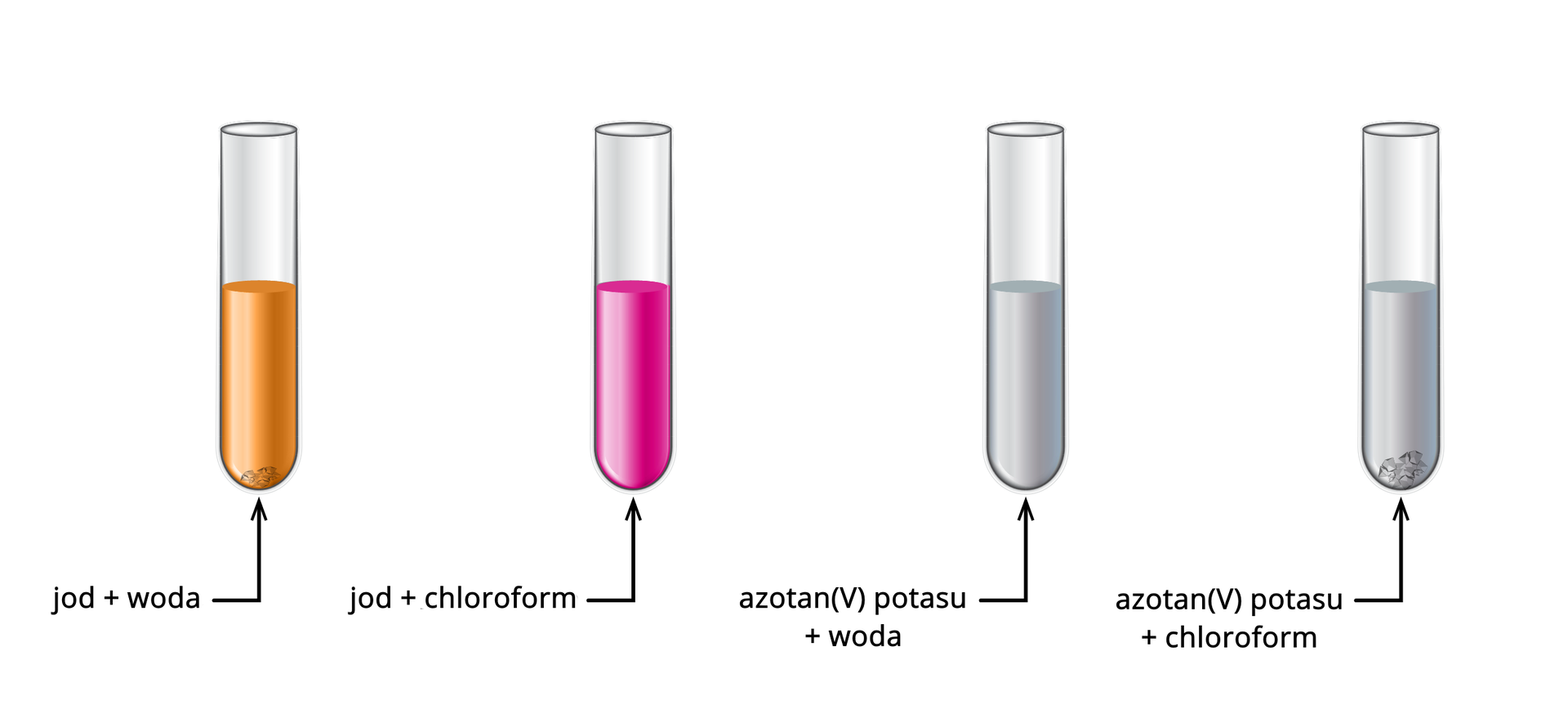Na ilustracji przedstawiono cztery probówki. W pierwszej probówce od lewej znajduje się pomarańczowy roztwór, a na jej dnie leżą nierozpuszczone resztki szarych kryształków. Pod probówką umieszczono napis: jod + woda. W drugiej probówce znajduje się tylko różowy roztwór. Pod probówką umieszczono napis: jod + chloroform. W trzeciej probówce znajduje się bezbarwny roztwór. Pod probówką zamieszczono napis: azotan(V) potasu + woda. W czwartej probówce znajduje się bezbarwny roztwór, a na jej dnie kryształki nierozpuszczonej substancji. Pod probówką umieszczono napis: azotan(V) potasu + chloroform. 