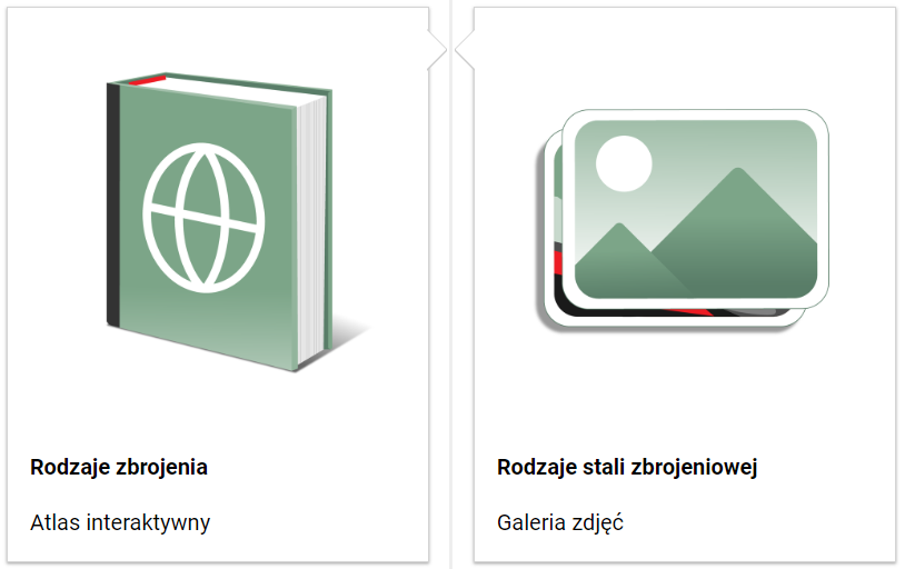 Zdjęcie przedstawia przykładowy wygląd spis treści: po lewej Atlas interaktywny o nazwie „Rodzaje zbrojenia” oraz Galeria zdjęć o nazwie „Rodzaje stali zbrojeniowej”