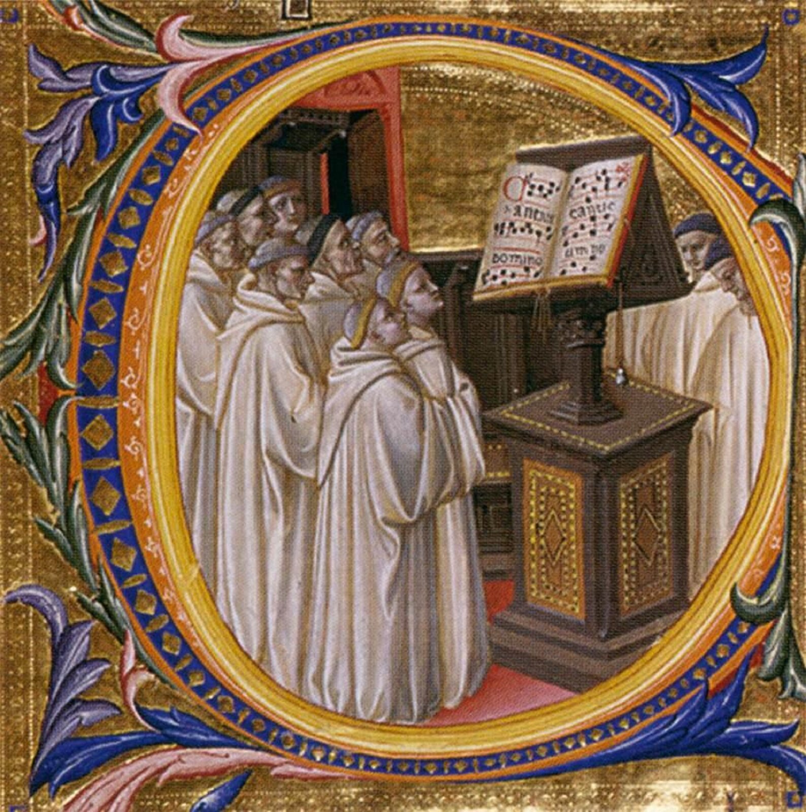 Kolorowa ilustracja pochodząca z Chorałów Greogriańskich. Ilustracja przedstawiająca chór duchownych stojących przed zapisem utworu. Mężczyźni ubrani są w jasne, długie szaty.
