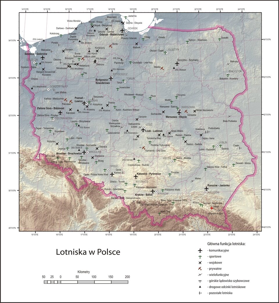 Mapa przedstawia rozmieszczenie cywilnych portów lotniczych w Polsce. Na tle konturowej mapy kraju zaznaczono punktami lokalizacje lotnisk pasażerskich, głównie w pobliżu większych miast. Widoczne są m.in. lotniska: Warszawa (Okęcie), Kraków‑Balice, Katowice‑Pyrzowice, Gdańsk‑Rębiechowo, Wrocław‑Strachowice, Poznań‑Ławica, Rzeszów‑Jasionka, Szczecin‑Goleniów, Bydgoszcz, Łódź oraz kilka mniejszych portów regionalnych. Mapa pokazuje, że sieć lotnisk jest najgęstsza w południowej i centralnej Polsce oraz w pasie dużych aglomeracji, natomiast wschodnia część kraju ma mniej portów lotniczych, co odzwierciedla zróżnicowaną dostępność transportu lotniczego.