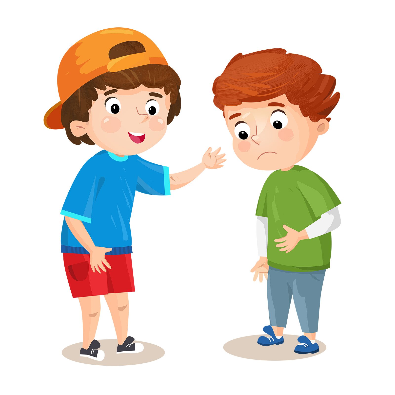 Ilustracja przedstawia dwóch chłopców. Jeden z nich ma smutną minę i trzyma się za brzuch. 