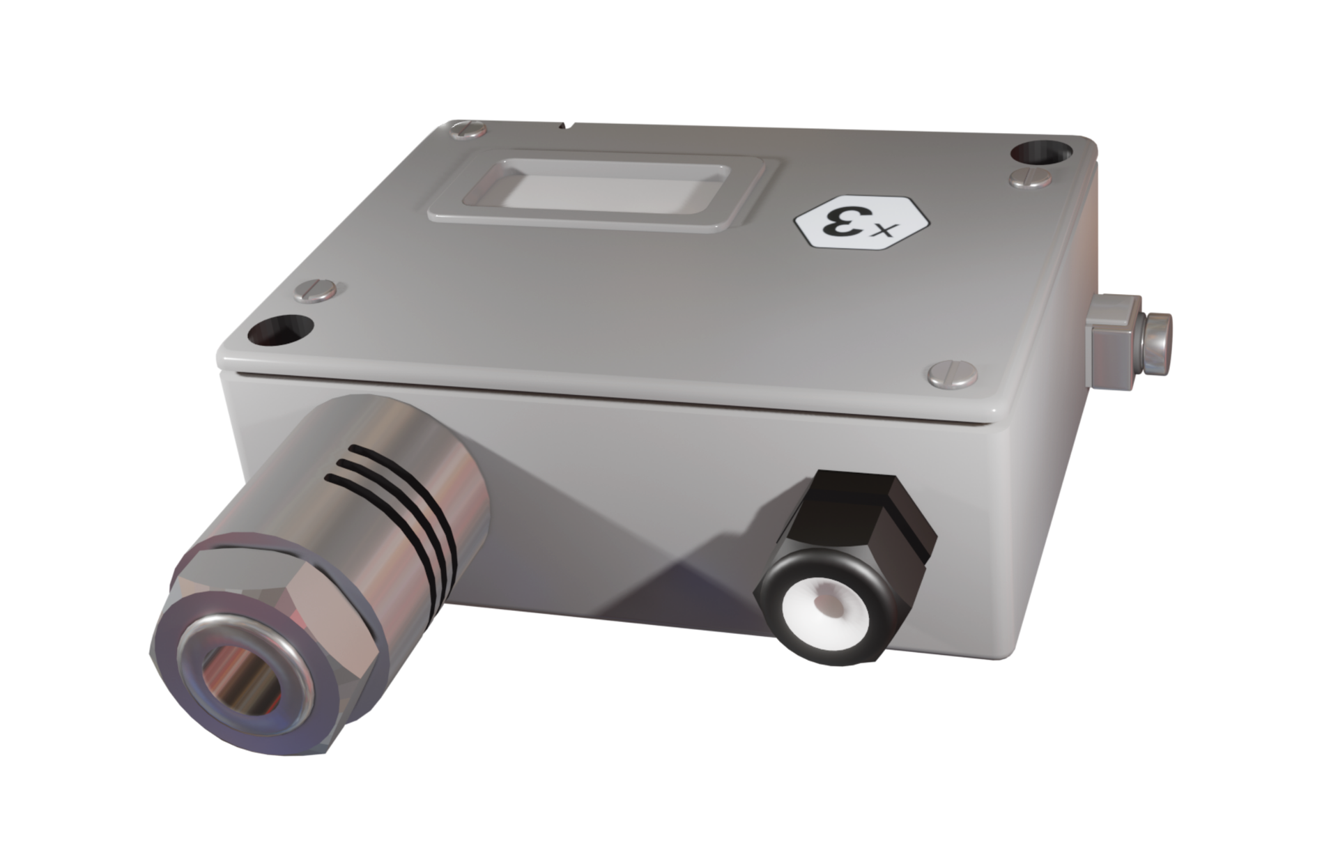 Na zdjęciu przedstawiony został presostat. Presostat jest to czujnik różnicy ciśnień oraz wyposażony jest w przekaźnik. Przedstawiony element jest w kształcie srebrnej prostopadłościennej skrzynki. Jego górna podstawa jest lekko uniesiona względem reszty. Na górnej podstawie znajduje się w prawym górnym i lewym dolnym rogu czarne kółko. W każdym z rogów znajdują się śruby. W lewej górnej części znajduje się małe okienko. Obok okienka po prawej stronie znajduje się naklejka w kształcie białego sześciokąta foremnego z literą x i numerem trzy w środku. Z prawej ściany wystaje małe pokrętło. Na przedniej ścianie z prawej strony tuż przy urządzeniu znajduje się element w kształcie czarnej nakrętki, fragment przerwy i czarna nakrętka. Wnętrze nakrętki jest białe. Z lewej strony znajduje się srebrny cylinder z trzeba czarnymi paskami na boku. U jego końca znajduje się srebrna nakrętka pusta w środku. 