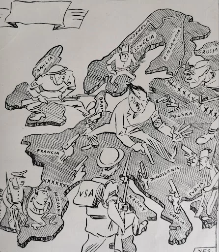 Ilustracja przedstawia mapę Europy. Na jej środku stoi postać Adolfa Hitlera w mundurze i z charakterystycznym prostokątnym wąsem. Ubrany jest w mundur ze swastyką na ramieniu. Hitler jest zaskoczony, trzyma w ręku pistolet. Otaczają go pistolety oraz postaci uzbrojonych żołnierzy, którzy wymierzają w jego kierunku strzelby i pistolety. Wokół Hitlera są podpisane następujące kraje: Anglia, Dania, Francja, Norwegia, Szwecja, Finlandia, Polska, Jugosławia, Turcja, Grecja, Włochy. Na mapie są oznaczone krzyżykami dwie linie. Pierwsza linia oddziela Rosję od pozostałych krajów, a druga oddziela Hiszpanię i Portugalię. Żołnierze na terenie Hiszpanii i Portugalii nie mają wymierzonej w stronę Hitlera broni. Na dole ilustracji znajduje się duży żołnierz z plecakiem z napisem USA. Robi on krok z południa na mapę Włoch.
