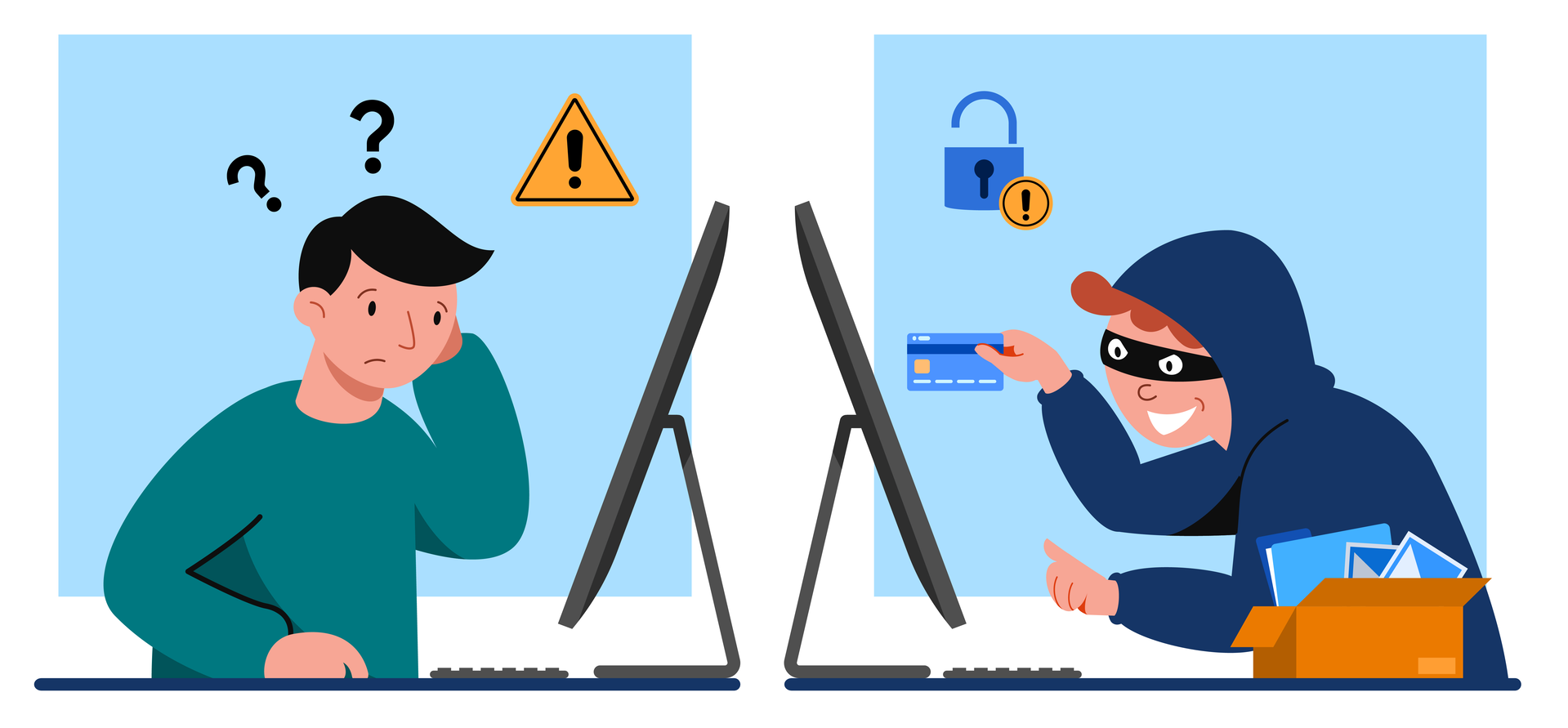 Grafika przedstawia dwóch mężczyzn siedzących przed monitorami komputera. Mężczyzna po lewej stronie patrzy w monitor z zakłopotaną miną i drapie się lewą ręką po głowie. Nad jego głową widoczne są znaki zapytania, a obok żółty znak ostrzegawczy z wykrzyknikiem. Mężczyzna po prawej stronie również patrzy  w monitor, ale uśmiecha się szyderczo. Ma kaptur na głowie i opaskę na oczach. W prawej ręce trzyma kartę płatniczą skierowaną w stronę monitora. Nad kartą widoczna jest ikona otwartej kłódki. Na blacie obok mężczyzny stoi pudełko, z którego wystają karty płatnicze.