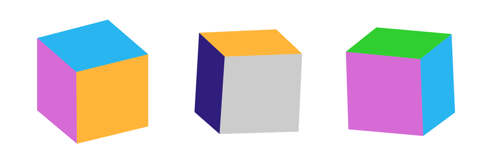 Na ilustracji przedstawiono 3 rysunki kostki, każdy przedstawiający tą samą bryłę, ale  z innej perspektywy. Na rysunku pierwszym widoczna jest po lewej stronie ściana fioletowa, przednia ściana pomarańczowa, oraz górna niebieska. Na drugim rysunku widoczna jest granatowa ściana po lewej stronie, pomarańczowa ściana górna oraz przednia w kolorze szarym. Na trzecim rysunku widoczna jest prawa ściana niebieska, przednia fioletowa, oraz górna zielona.