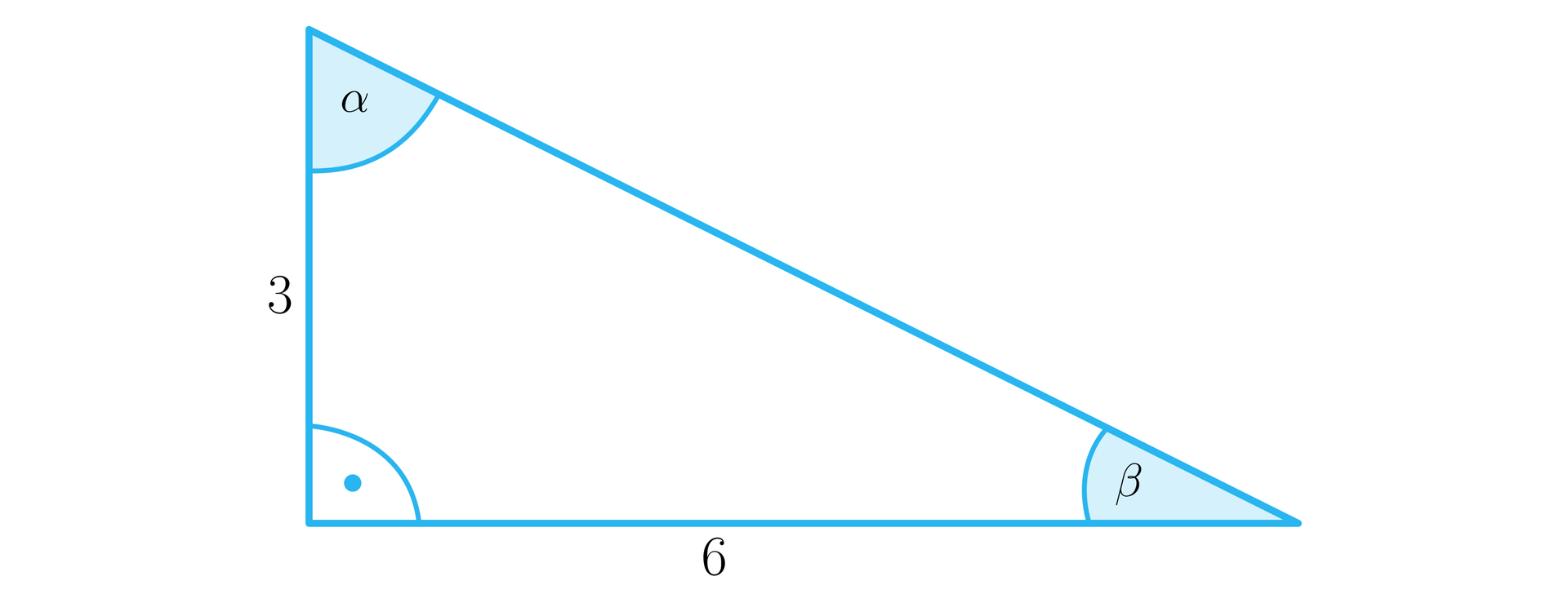 Rysunek przedstawia trójkąt prostokątny o podstawie o długości 6 i o pionowej przyprostokątnej o długości 3. Na rysunku zaznaczono również kąty wewnętrzne trójkąta. Kąt prosty między opisanymi wyżej bokami, kąt β między przeciwprostokątną a podstawą o długości 6 oraz kąt α między przyprostokątną a bokiem o długości 3.