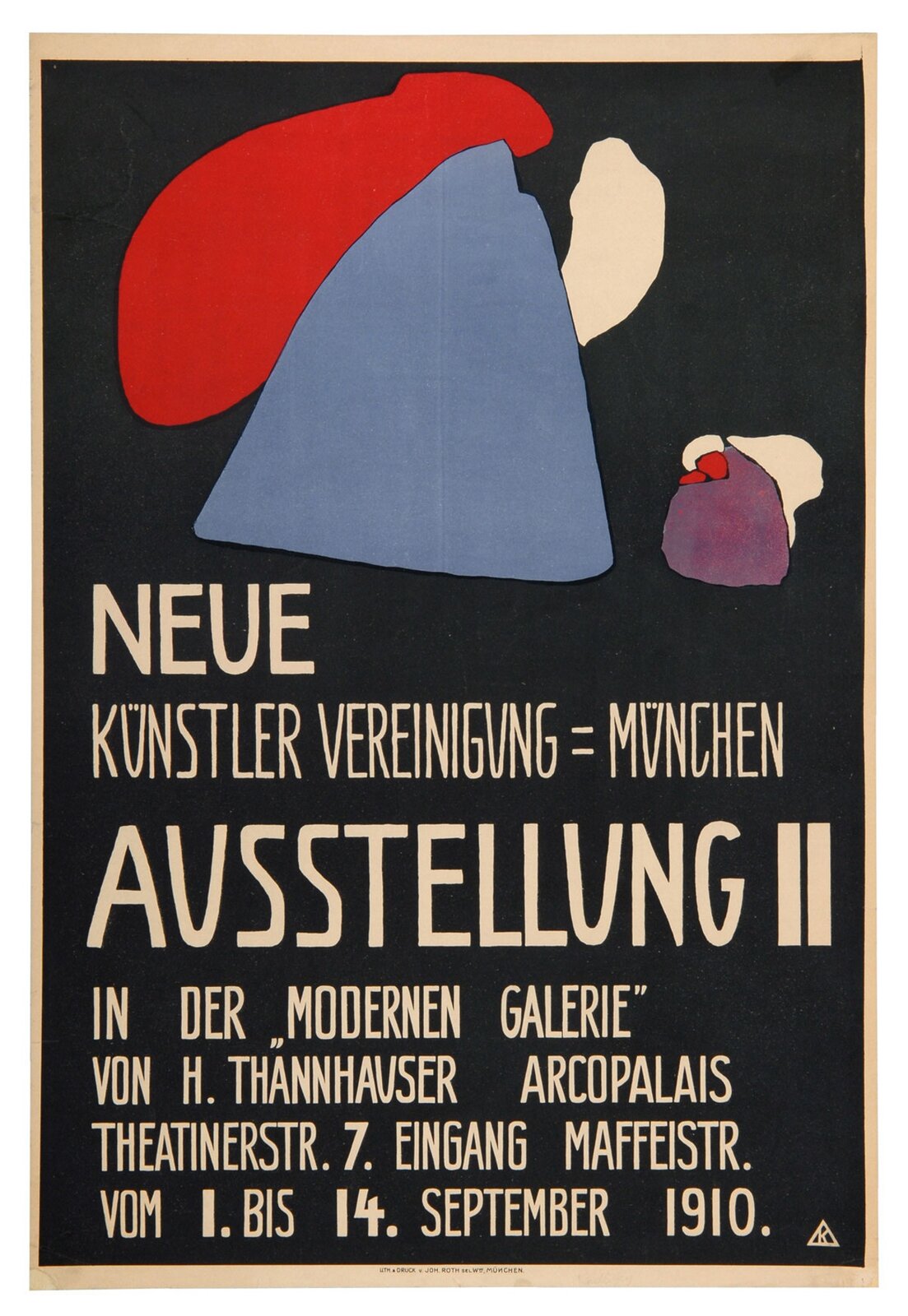 Ilustracja przedstawia Plakat II wystawy Neue Künstlervereinigung. Na czarnym tle u góry jest kolorowa grafika, a pod nią zawarte są informacje o wystawie zapisane białymi literami. Kolorowa grafika to plamy: czerwona, niebieska, żółta, fioletowa. Ułożone są w postaci dwóch kompozycji, na środku kompozycja ma większe rozmiary natomiast z prawej strony jest mniejsza.