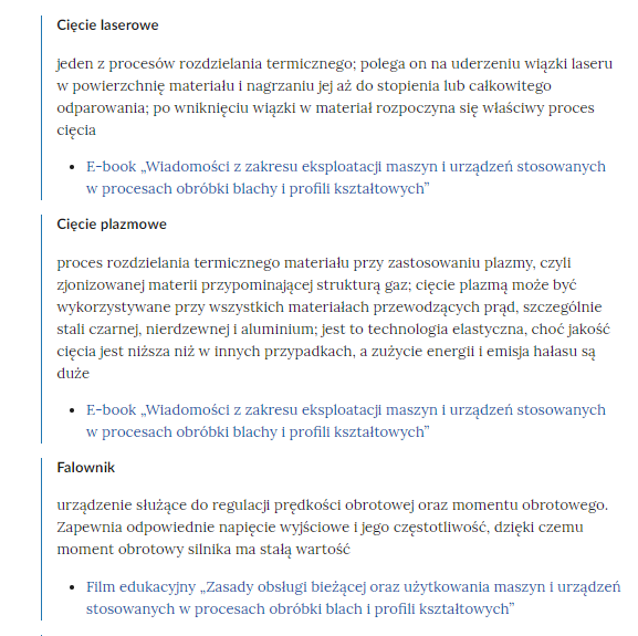 Zrzut ekranu przedstawia kilka pojęć ze Słownika. Konstrukcja jest następująca: pojęcie, poniżej jego wyjaśnienie, a pod nim znajduje się link, po którego kliknięciu użytkownik przenosi się do rozdziału w tym materiale, w którym dane pojęcie jest wykorzystywane. Linków może być jeden lub kilka, w zależności od tego, w ilu rozdziałach użyto pojęcia.