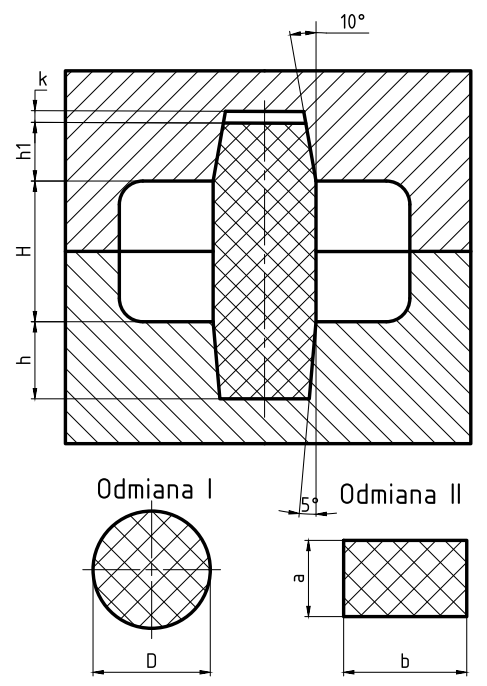 Rysunek szósty. Na ilustracji przedstawione są wymiary i zabudowa rdzeni pionowych. Duży prostokąt przedstawia zabudowę, która dzieli się na dwie połowy, górną oraz dolną. Połowy te zakreskowane są w dwie różne strony. Wewnątrz znajduję się pionowo ułożony, wąski rdzeń. Ma on kształt prostokąta, z nałożonymi od góry i od dołu trapezami równoramiennymi, które są znakami rdzeniowymi. Trapez będący u góry posiada boki, które są nachylone pod kątem 10 stopni, natomiast ten u dołu posiada nachylone boki pod kątem 5 stopni. Trapezy wraz z prostokątem tworzą jednolitą, zakreskowaną bryłę. Takie ułożenie pomaga w wyjęciu rdzenia z formy. Przy bokach rdzenna znajdują się dwa prostokąty, które nie są zakreskowane i posiadają dwa zaokrąglone boki. Po lewej stronie znajdują się oznaczenia takie jak wysokość otworu rdzenia H, wysokość dolnego znaku rdzeniowego h, wysokość górnego znaku rdzeniowego h1. 
Na dole zilustrowane są dwie odmiany przekroju rdzenia. Odmiana pierwsza przedstawia okrąg o średnicy D, natomiast druga odmiana przedstawia prostokąt o bokach długości a i b.  