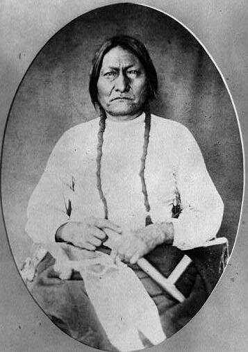 Ilustracja przedstawia wodza Indian. Ma on czarne włosy zebrane w warkocze opadające wzdłuż ciała. Ma białą koszulę. Ręce ma położone na kolanach. Palec wskazujący prawej dłoni ma wyciągnięty.