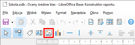 Zrzut ekranu przedstawia fragment paska menu w programie  LibreOffice Base . W pasku w czerwonej ramce zaznaczono ikonkę symbolizującą obraz. 