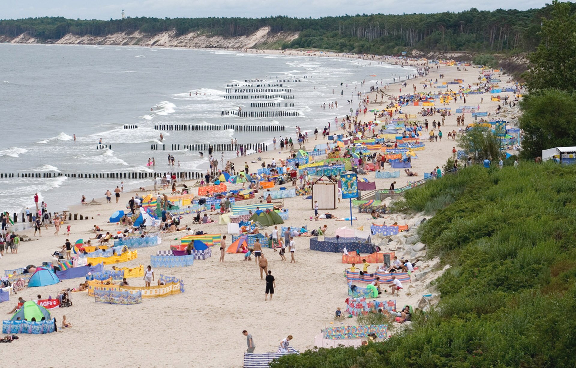 Na zdjęciu szeroka piaszczysta plaża, na plaży ludzie, parawany i namioty. W morzu falochrony – drewniane słupki ustawione rzędami prostopadłymi do brzegu. Wydmy niewysokie, porośnięte lasem.