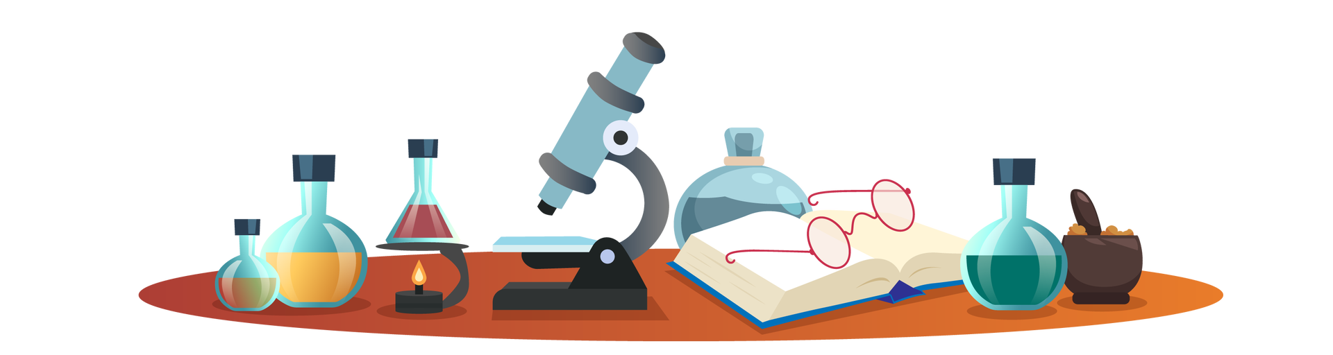 Ilustracja przedstawia brązowy blat, na którym ustawiono różne przedmioty. Po lewej stronie są dwie pękate probówki wypełnione kolorowymi płynami. Każda z nich ma czarną nakrętkę. Obok jest trzecia probówka z kolorowym płynem, znajdująca się na niewielkim czarnym stojaku umożliwiającym podgrzewanie płynu w naczyniu. Pod probówką jest zapalony niewielki płomień. Na środku stoi szary mikroskop. Dalej na prawo stoi kolejna pękata probówka wypełniona kolorowym płynem, a przy niej leży otwarta książka w granatowej okładce. Na książce znajdują się okulary w okrągłych czerwonych oprawkach. Po prawej stronie ilustracji stoi jeszcze jedna szklana probówka z kolorowym płynem i czarną nakrętką oraz ciemnobrązowa miseczka z włożonym do niej ciemnobrązowym mieszadełkiem. W misce znajduje się coś, co przypomina brązową maść.