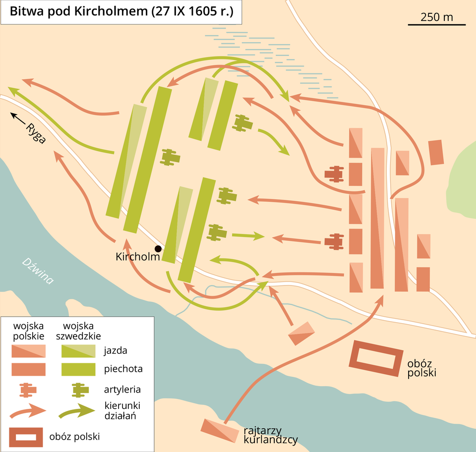 Mapa przedstawia ruchy wojsk podczas bitwy pod Kircholmem 27 września 1605 roku, która toczyła się na północnym brzegu rzeki Dźwina. Wzdłuż rzeki prowadzi droga do Rygi przez miejscowość Kircholm. Wojska szwedzkie zajeły pozycje na zachodzie bliżej Kircholmu, a polskie na wschodzie. Obóz polski znajdował się blisko brzegu Dźwiny na południowy wschód od brzegu, na pierwszej lini była altyleria, w drugiej naprzemiennie oddziały kawalerii oraz piechoty, w trzeciej jeden duży oddział jazdy, za nim kolejna linia jazdy, a z tyłu wojsk polskich był ustawiony jeden mniejszy oddział jazdy i piechoty, a na północny wschód od bitwy oddział piechoty. Dodatkowo na południe od wojsk polskich bliżej brzegu Dźwiny stacjonował jeden niewielki oddział jazdy, a na południowym brzegu Dźwiny stacjonowała jazda rajtarów kurlandzkich, która przeprawiła się przez rzekę i dołączyła do jazdy polskiej. W pierwszym rzędzie wojsk szwedzkich była ustawiona altyleria w większej ilości niż w wojsku polskim. Drugi i trzeci rząd stanowiła piechota; oddzielone były od kolejnej linii wojska jednostką altylerii. Za jednostką altylerii znajdowała się większa linia piechoty, a za nią linia kawalerii. Strzałki na mapie przedstawiają ataki i ruchy wojsk. Altyleria  polska starła się z altylerią szwedzką, z kolei jazda polska z pierwszej linii zaatakowała inny oddział altylerii szwedzkiej. Druga linia polskiej kawalerii zaatakowała piechotę szwedzką. Z kolei jazda polska umieszczona po bokach pierwszej linii uderzyła w piechotę szwedzką, na odsiecz z obu stron pola bitwy poszła jej jazda szwedzka, która starła się z jazdą polską. Jazda polska z obu stron przebiła się przez jazdę szwedzką i zaczęła okrążać z boków oddziały szwedzkie, atakując kolejne linie. W  późniejszej fazie bitwy zarówno od strony Dźwiny, jak i od północy wojska polskie dostały się na tyły wojsk szwedzkich, z czego część wojsk szwedzkich zdążyła zbiec w kierunku Rygi, a wojska polskie ruszyły w pogoń za nimi.