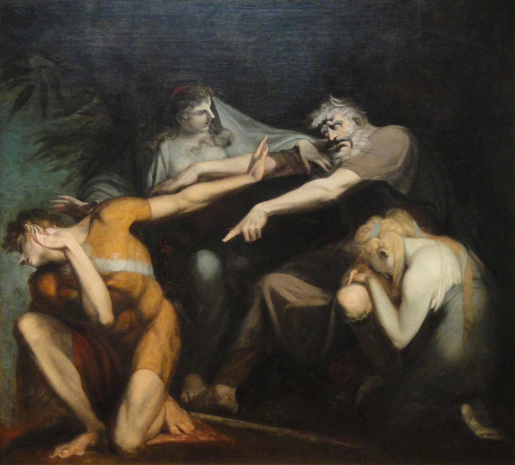 Obraz przedstawia siedzącego, siwowłosego starca, który wskazuje lewą ręką klęczącego młodego mężczyznę. Po obu stronach starca znajdują się młode kobiety. Jedna z nich płacze, druga próbuje powstrzymać starca.