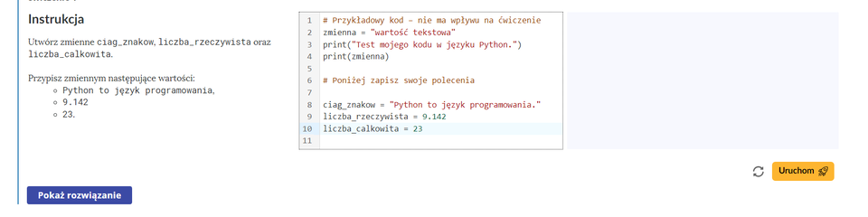 Widok testerki z przykładowym poleceniem i kodem startowym.