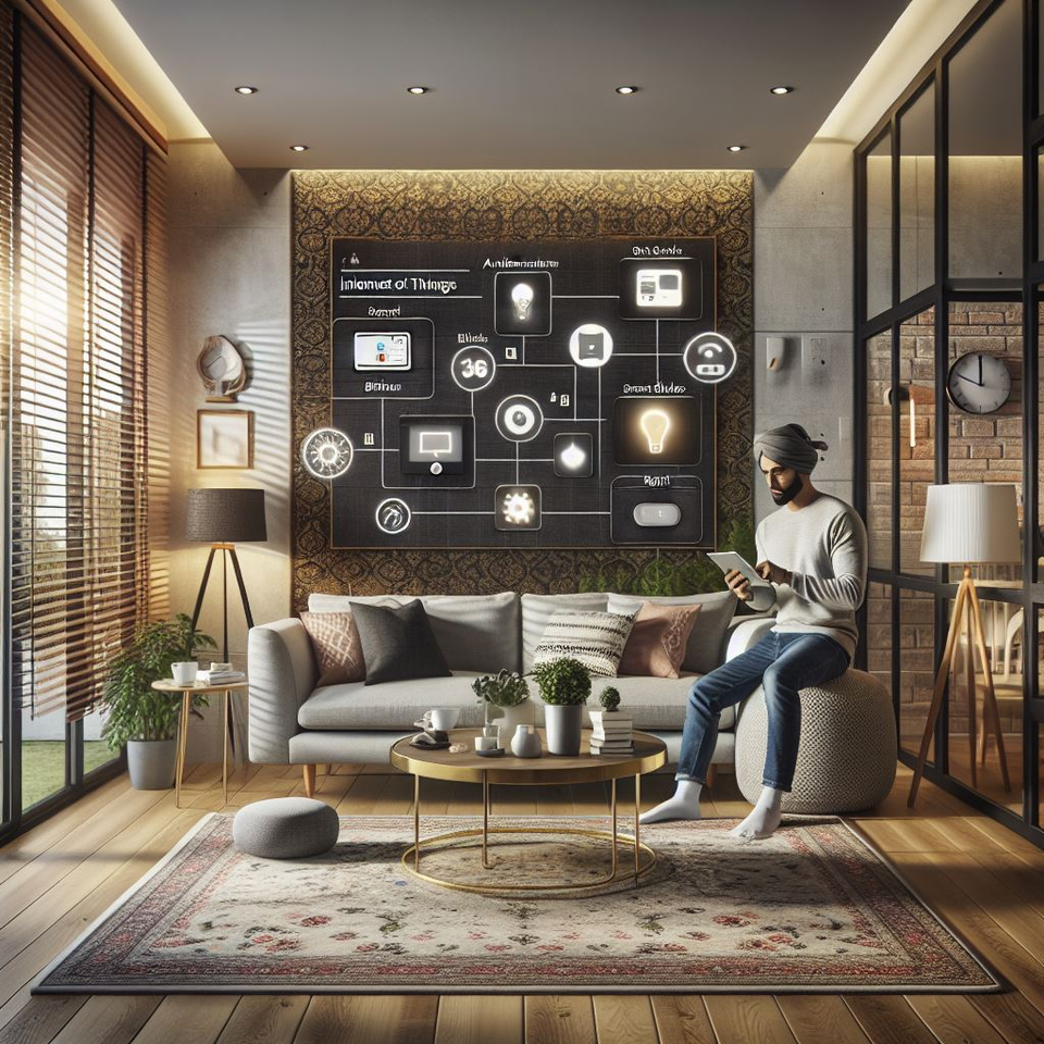 Obraz przedstawia nowoczesny salon z dużą ilością światła dziennego wpadającego przez drewniane żaluzje po lewej stronie. Wnętrze jest ciepłe i przytulne – widzimy sofę z poduszkami, okrągły stolik z roślinami doniczkowymi i dodatkami, a także lampę stojącą i miękki puf obok stolika. W prawej części salonu znajduje się osoba ubrana w jasny sweter i ciemne spodnie, która siedzi na pufie i korzysta z tabletu.

Najbardziej wyróżniającym się elementem jest nowoczesna tablica wyświetlana na ścianie za sofą – znajduje się na niej schemat powiązań systemu Internetu Rzeczy (IoT). Przedstawia on ikony inteligentnych urządzeń, takich jak żarówka, kamera, komputer czy gniazdko elektryczne, połączone między sobą liniami, tworząc graficzną sieć. Wokół tablicy i całego wnętrza panuje przyjemna, stonowana atmosfera z elementami stylu skandynawskiego i industrialnego.