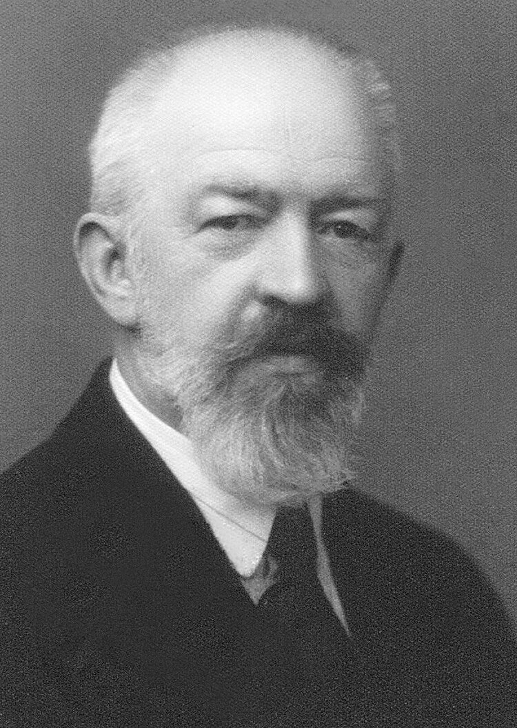 Zdjęcie przedstawia mężczyznę o pociągłej twarzy. Ma krótkie włosy, brodę oraz bujne wąsy. Patrzy przed siebie. Ubrany jest w garnitur z zawiązanym u szyi krawatem i wysokim kołnierzem koszuli.