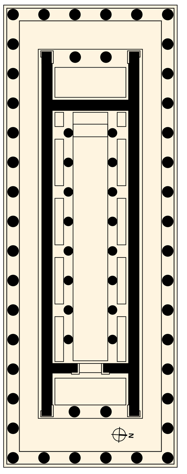 Plan (peripteros) Świątyni Hery w Olimpii. Jest to schemat w kształcie prostokąta, na którym oznaczono liczne czarne kropki i linie.