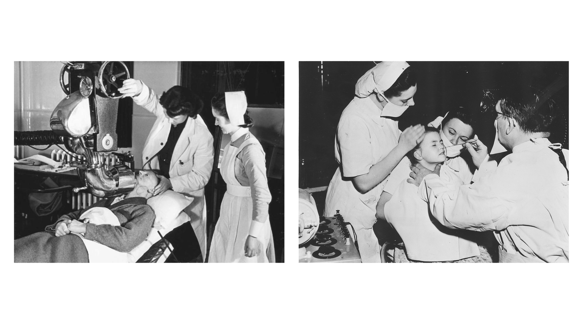Zdjęcia przedstawiające dawne pielęgniarki i lekarzy używający radu do leczenia guzów i zmian na ówczesnych sprzętach do radioterapii