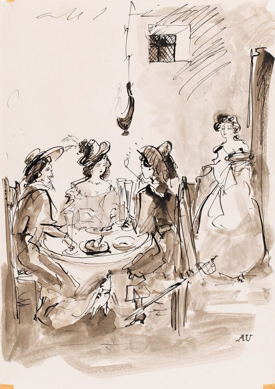 Ilustracja przedstawia pracę Antoniego Uniechowskiego pod tytułem „Damy przy stole”. Rysunek prezentuje grupę kobiet siedzących przy posiłku w restauracji. Każda z kobiet ubrana jest w długą suknię oraz kapelusz. Nad stołem, przy którym siedzą kobiety wisi lampa. Uwagę przykuwa także kobieta stojąca przy ścianie, trzymająca w dłoni misę lub talerz.