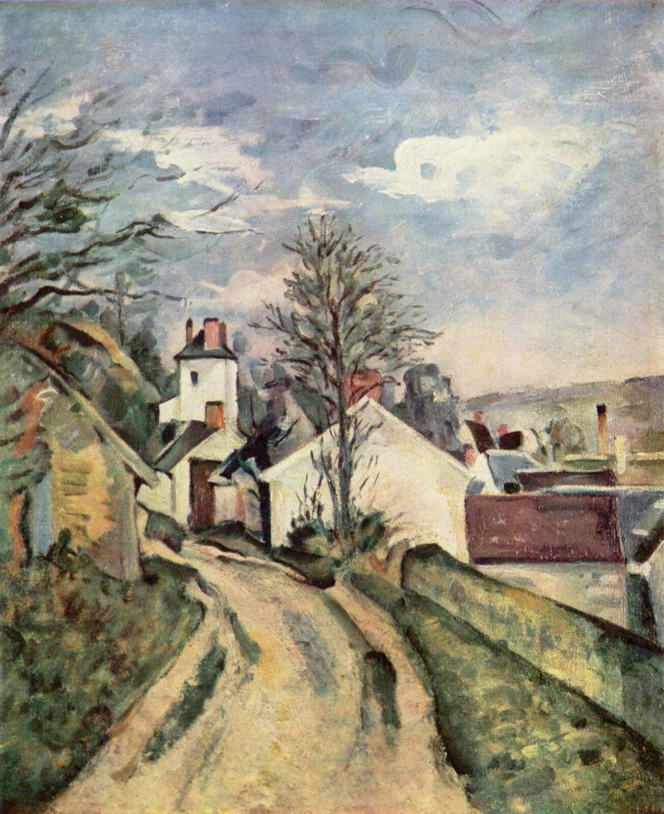 Ilustracja o kształcie pionowego prostokąta przedstawia obraz „Dom doktora Gacheta w Auvers-sur-Oise” Paula Cézanne’a. Ukazuje pejzaż z zabudowaniami. W centrum obrazu znajduje się lekko skręcająca w lewo droga, obok której rośnie trawa. Przy drodze znajdują się budynki w jasnym kolorze oraz drzewa. Po prawej stronie, w dole widok przedstawia zabudowę miasteczka oraz daleki, pagórkowaty pejzaż. Tło stanowi błękitne niebo.